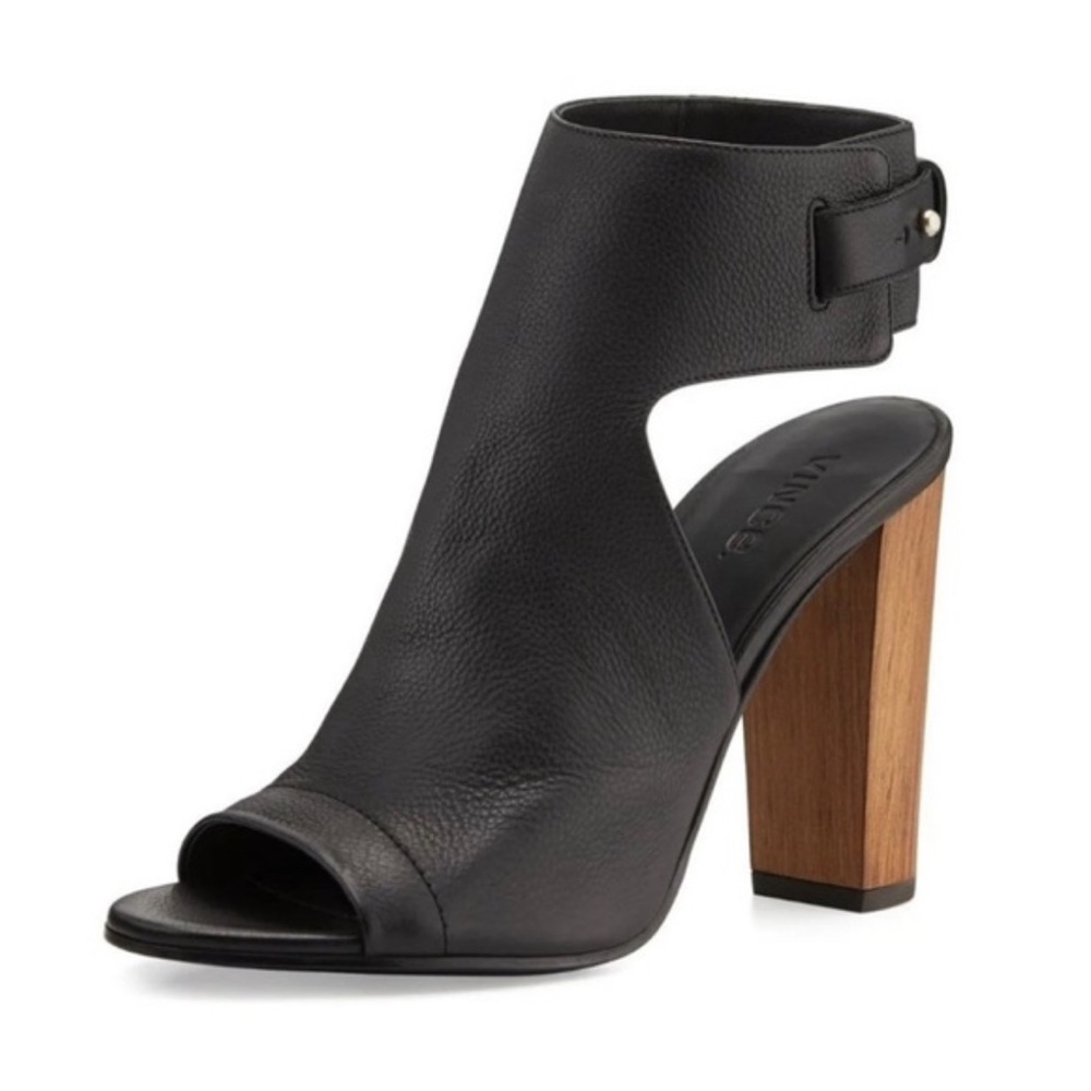 Vince Addie Peep Toe Black Leather Block Heel Sandals Size 9